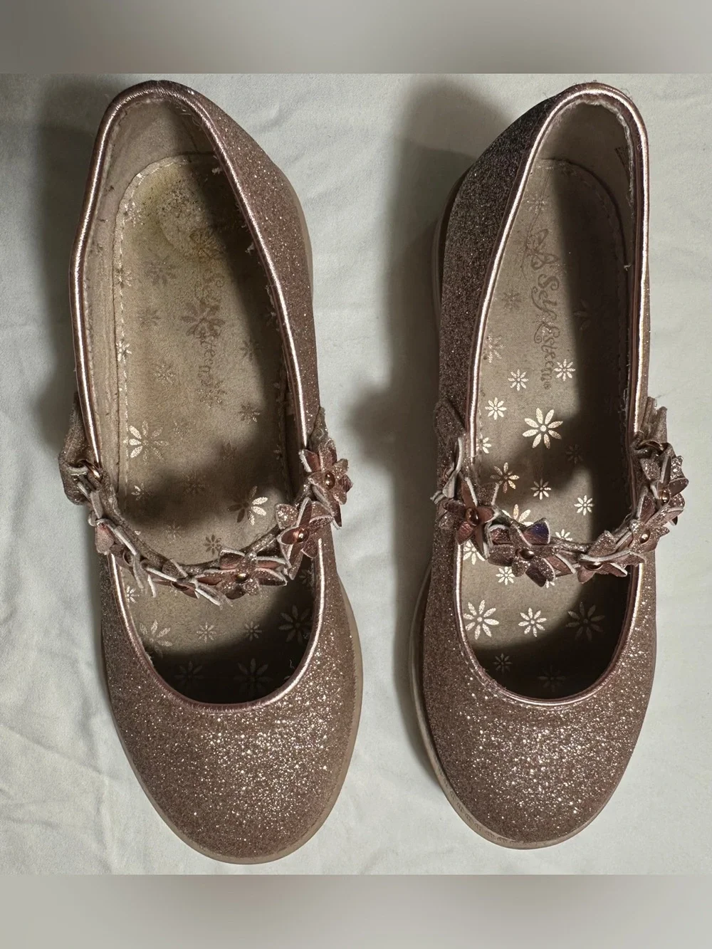 Rose Gold Glitter Mary Jane Shoes with Velcro floral  strap. Size 3M